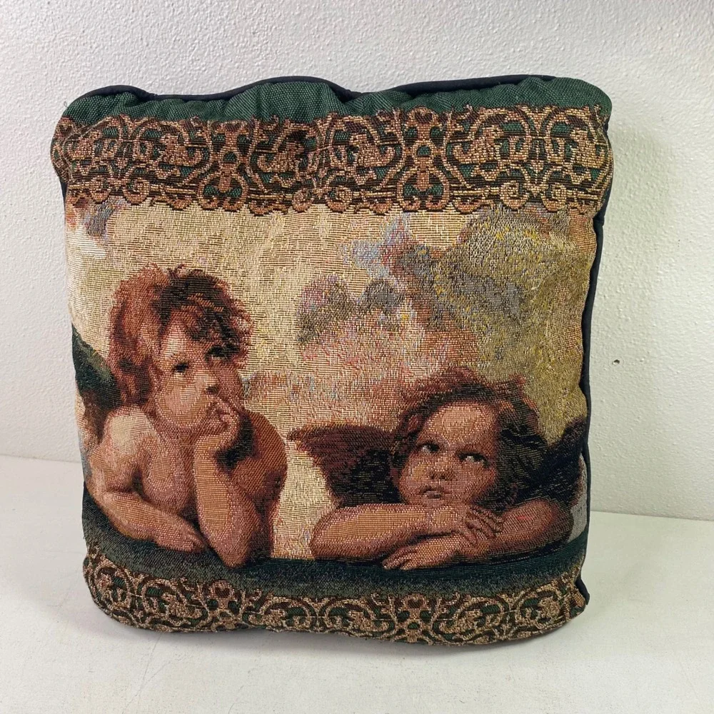 Vintage Raphael Cherubs Tapestry Throw Pillow Sistine Madonna Angels Green 15x15